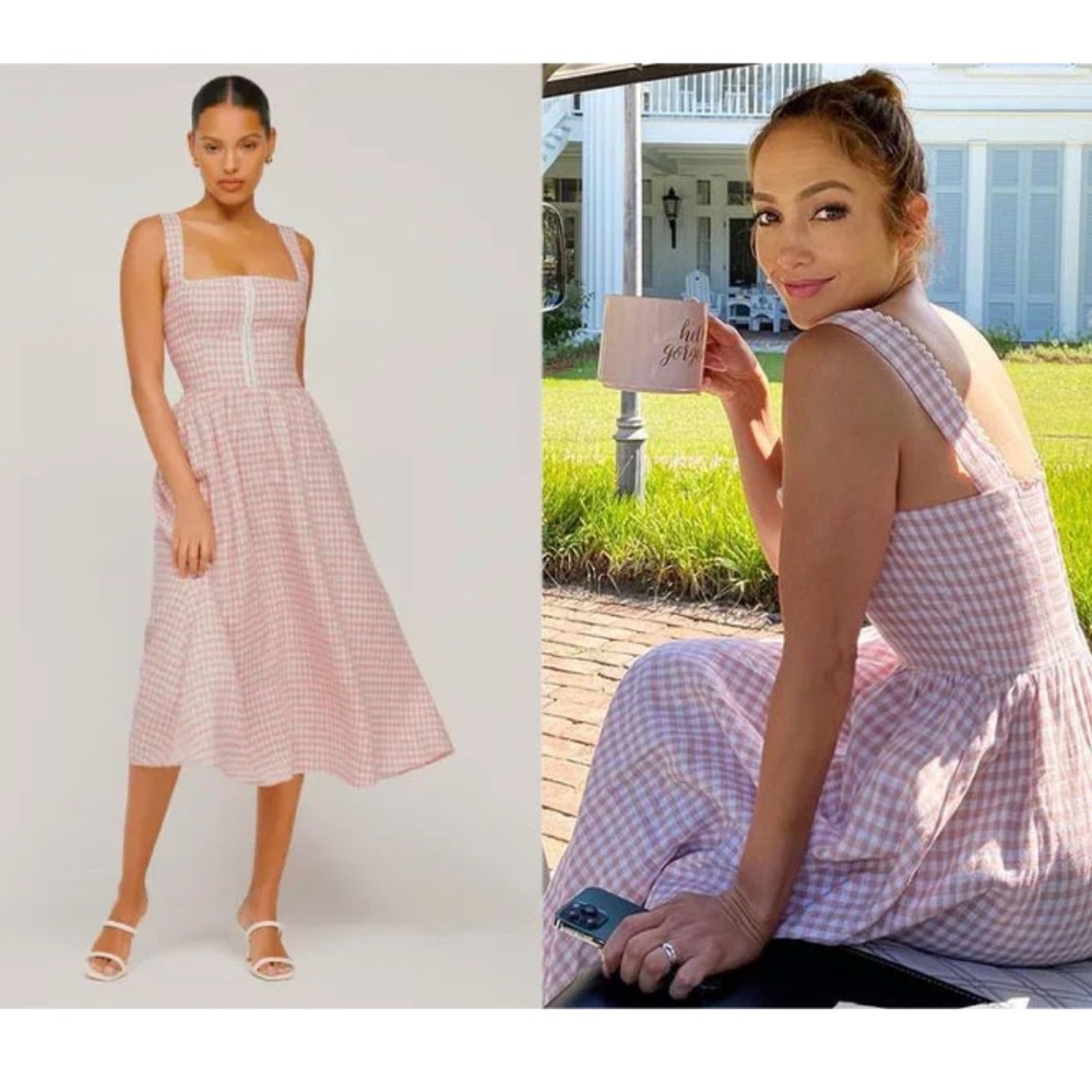 RARE Reformation Tagliatelle Linen Dress in Blush Check